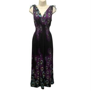 INC International Concepts Peacock Feather Maxi Dress Purple Black Size M